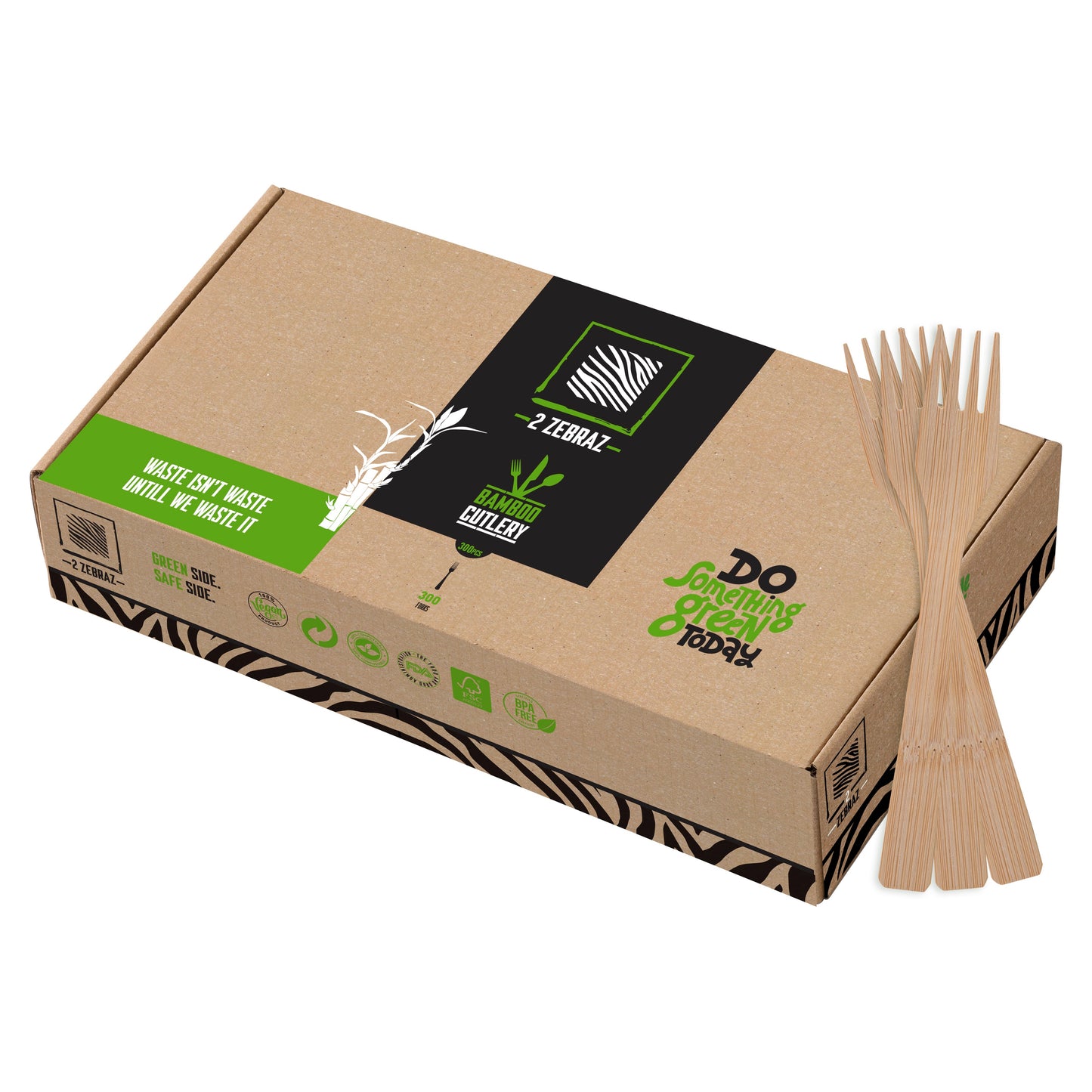 2ZEBRAZ Bamboo Forks - Pack of 300 | Durable, Natural & Disposable Utensils | Perfect for Parties, Picnics, and Daily Use
