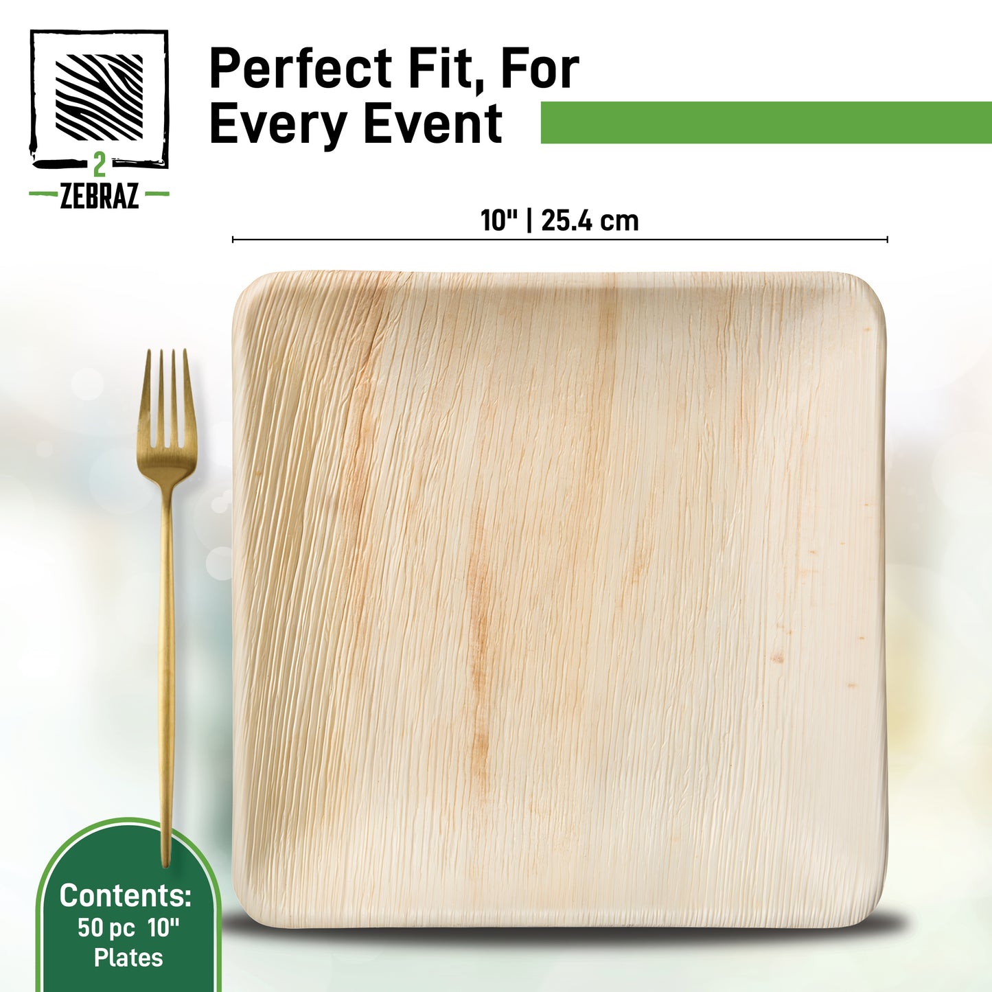 2ZEBRAZ 10” Square Palm Leaf Plates - Pack of 50 | Elegant, Durable, and Eco-Friendly