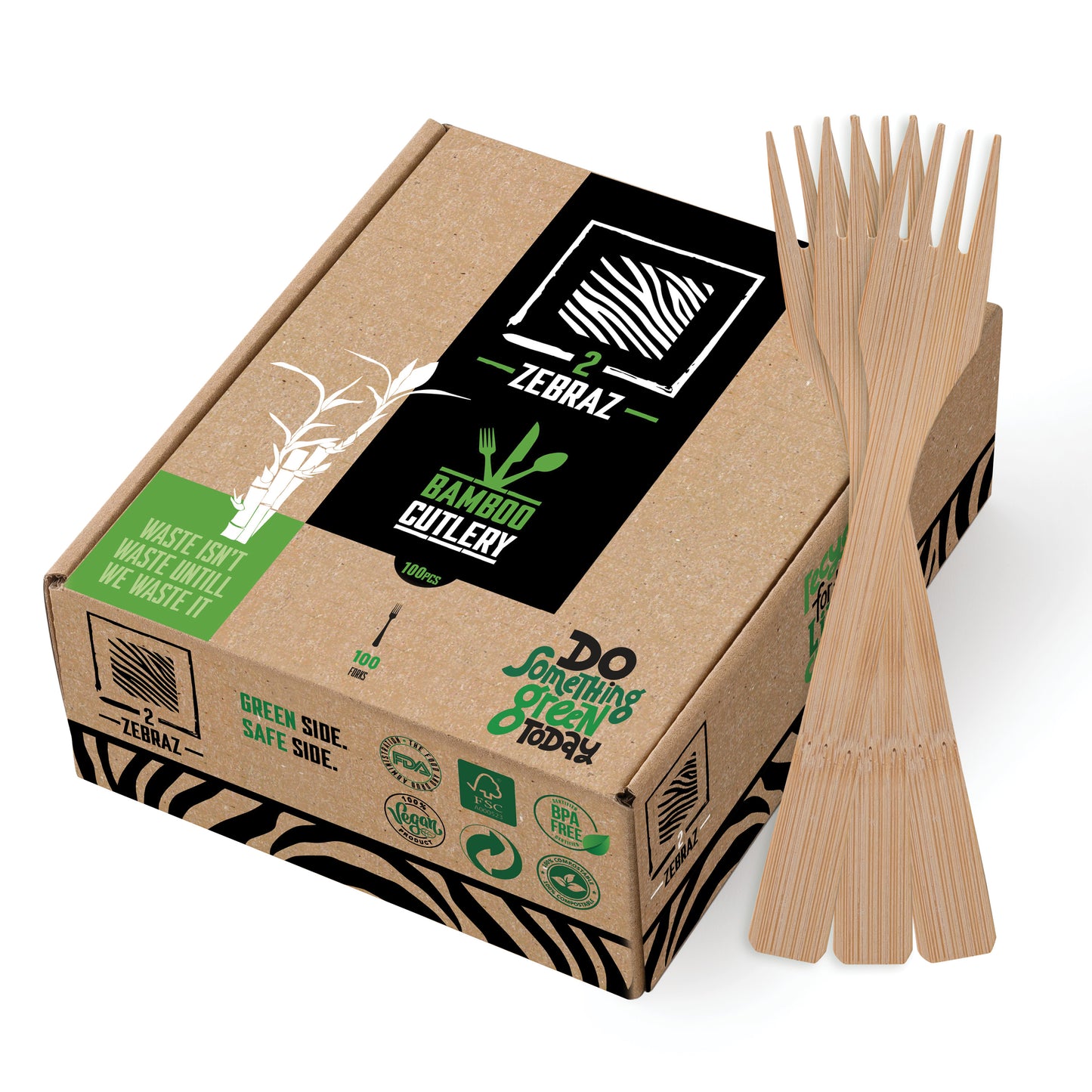 2ZEBRAZ Bamboo Forks - Pack of 100 | Durable, Natural & Disposable Utensils | Perfect for Parties, Picnics, and Daily Use
