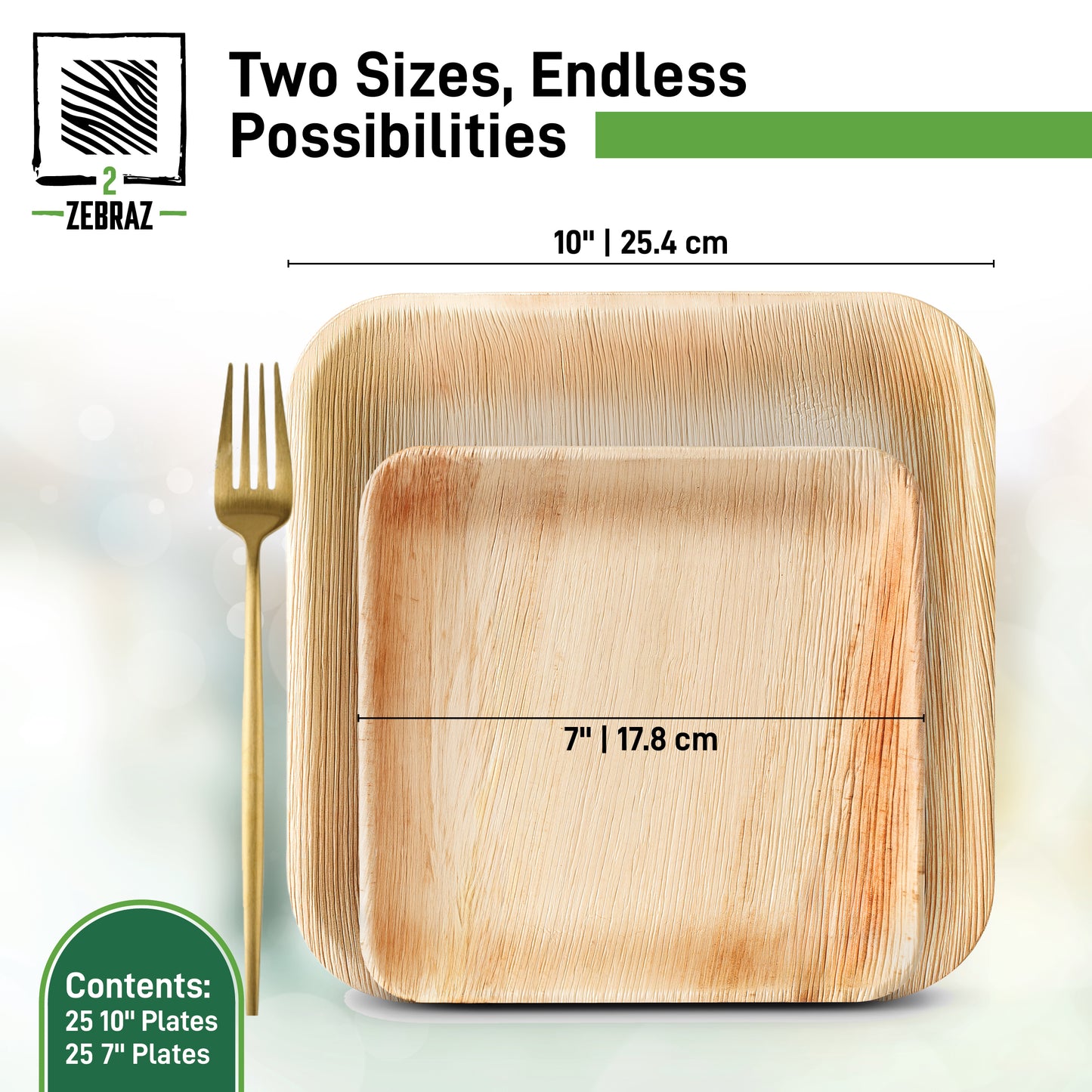 2ZEBRAZ Square Palm Leaf Plates Set - 25x7” & 25x10” | Durable, Stylish & Microwave-Safe | Pack of 50