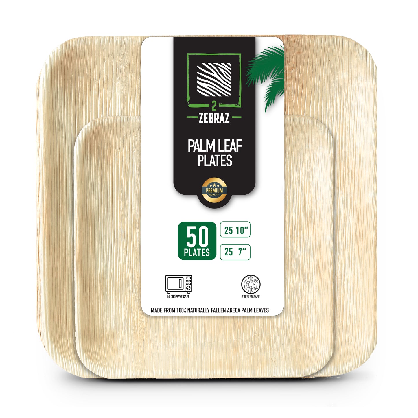2ZEBRAZ Square Palm Leaf Plates Set - 25x7” & 25x10” | Durable, Stylish & Microwave-Safe | Pack of 50