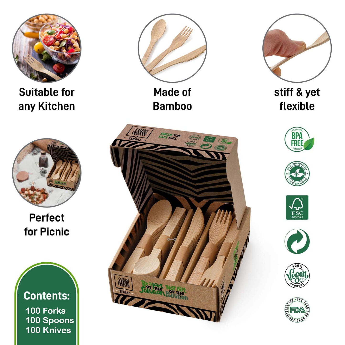 2ZEBRAZ Bamboo Cutlery Set - 300 Pieces | Durable, Natural Alternative to Plastic | Perfect for Parties, Picnics, and Daily Meals