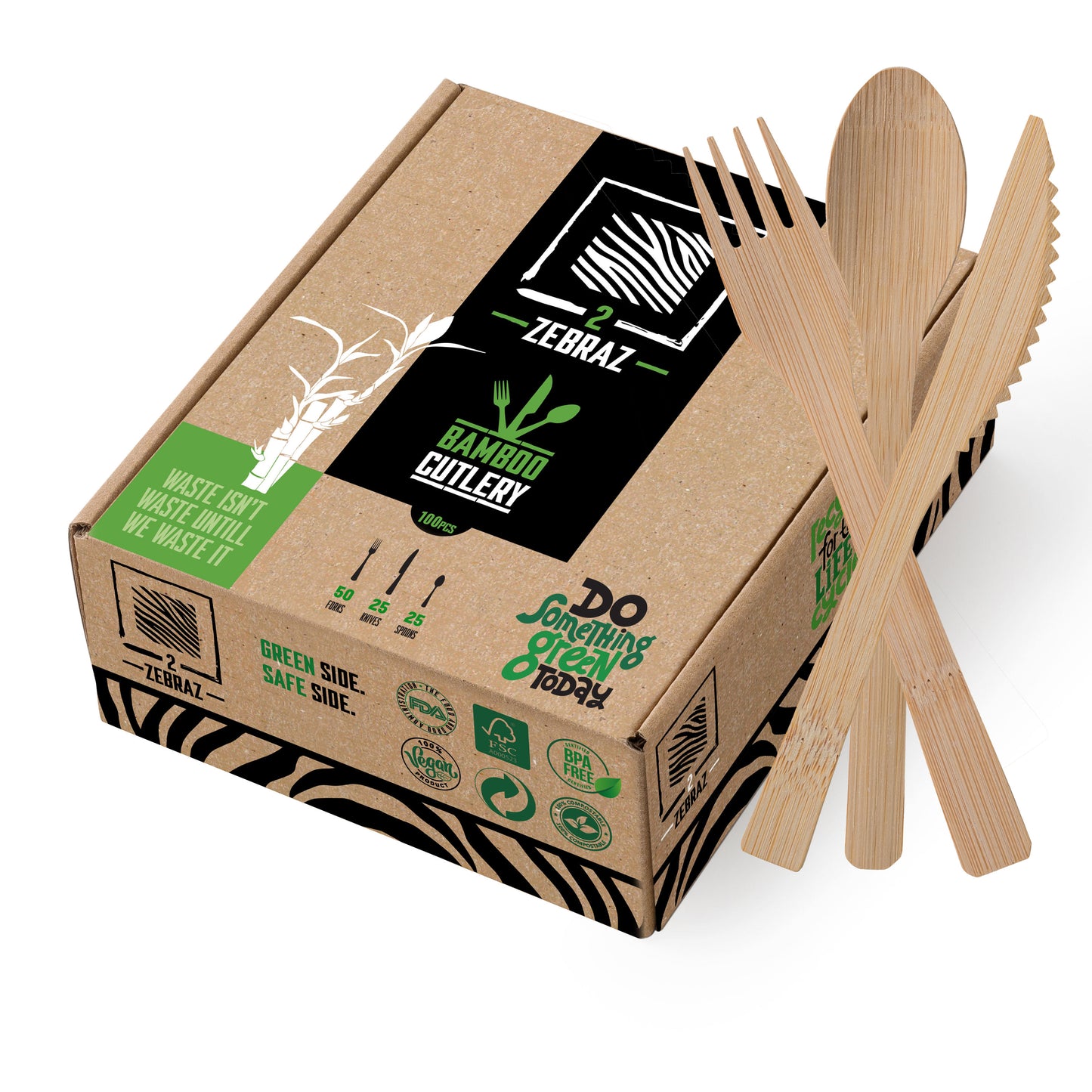 2ZEBRAZ Bamboo Cutlery Set - 100 Pieces | Durable, Natural Alternative to Plastic | Perfect for Parties, Picnics, and Daily Meals