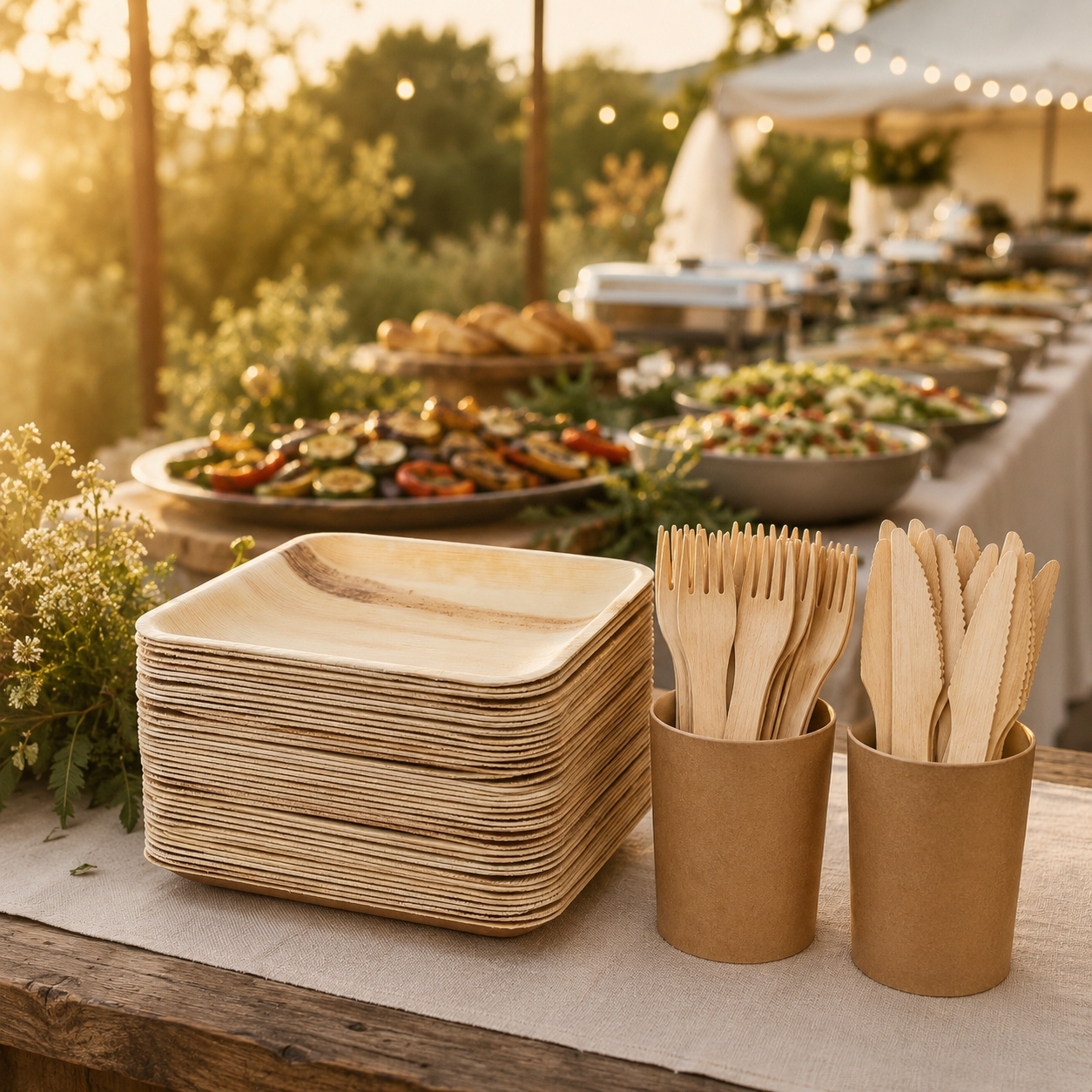 100-Guest Party Kit – Plates + Bamboo Cutlery