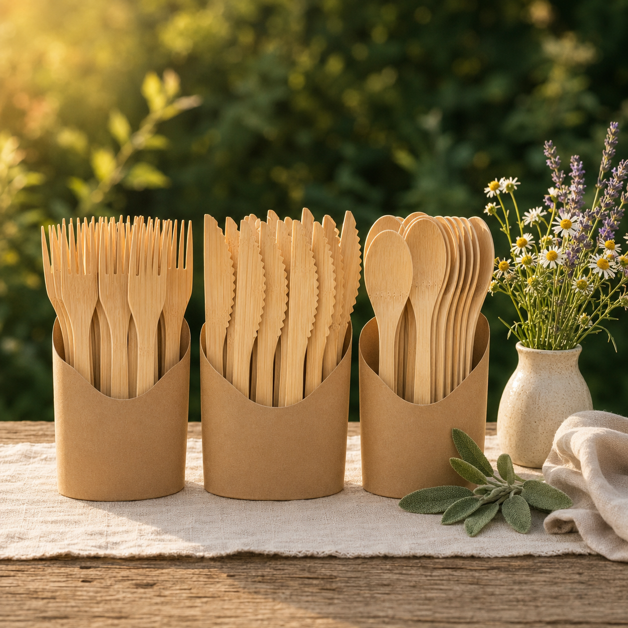 Bamboo Cutlery 100 Piece Set – 50 Forks, 25 Knives, 25 Spoons