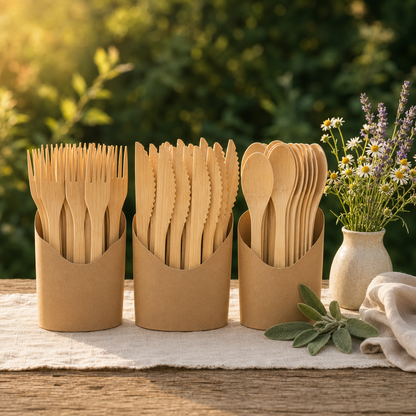 Bamboo Cutlery 100 Piece Set – 50 Forks, 25 Knives, 25 Spoons